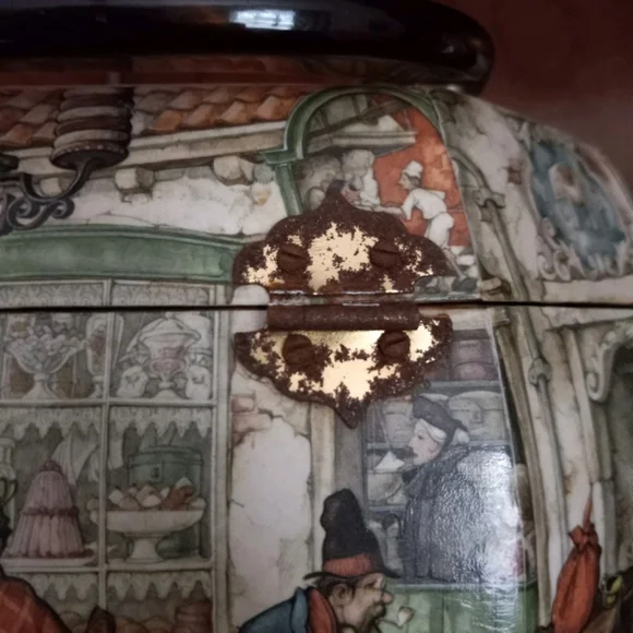 Vintage Victorian Decoupage Lucite Wood Tone Handle Trinket Box Handbag Purse - Picture 6 of 15